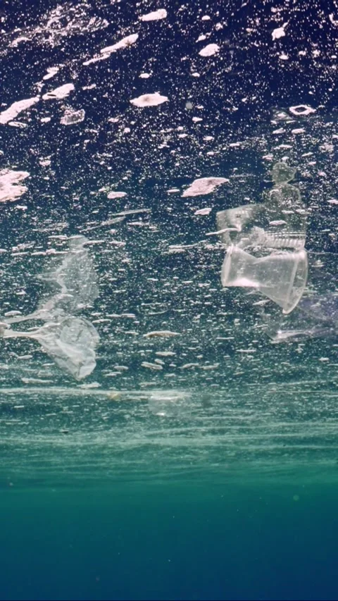 Plastic drifts in oily-fat layer on water surface of Ocean in sunlight Stock Footage 246356987