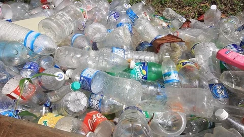 Plastic drinks bottles pollution on beach Stock Footage 91055116