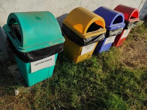 Plastic Dustbins Garden Multiple Use Green Yellow Blue And Red Dustbin Stock Photos