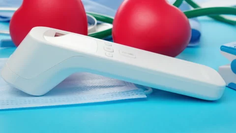 Plastic electronic thermometer and two hearts on a blue background, flashing red Stock Footage 147707024