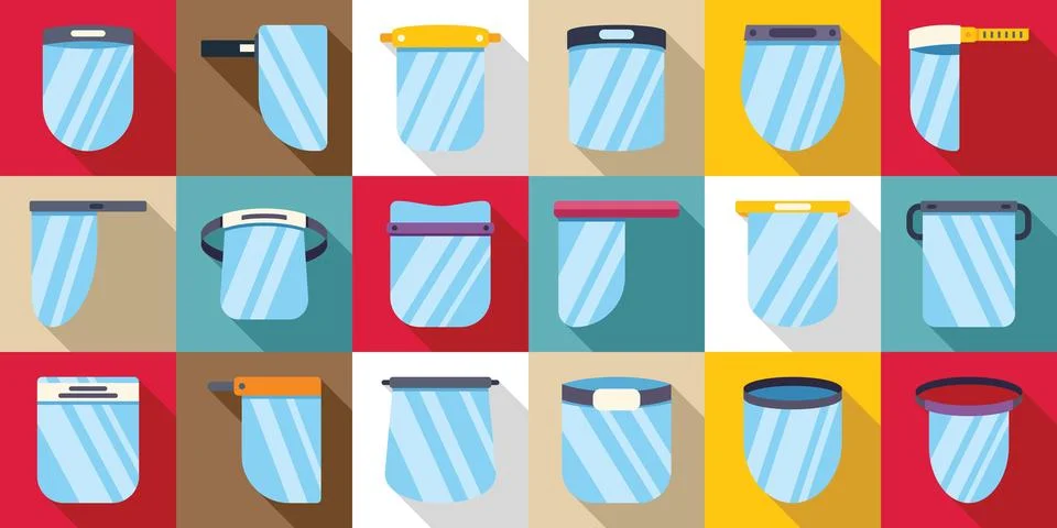 Plastic face shield icons set. Medical face shield icons showing various pe.. Stock Illustration