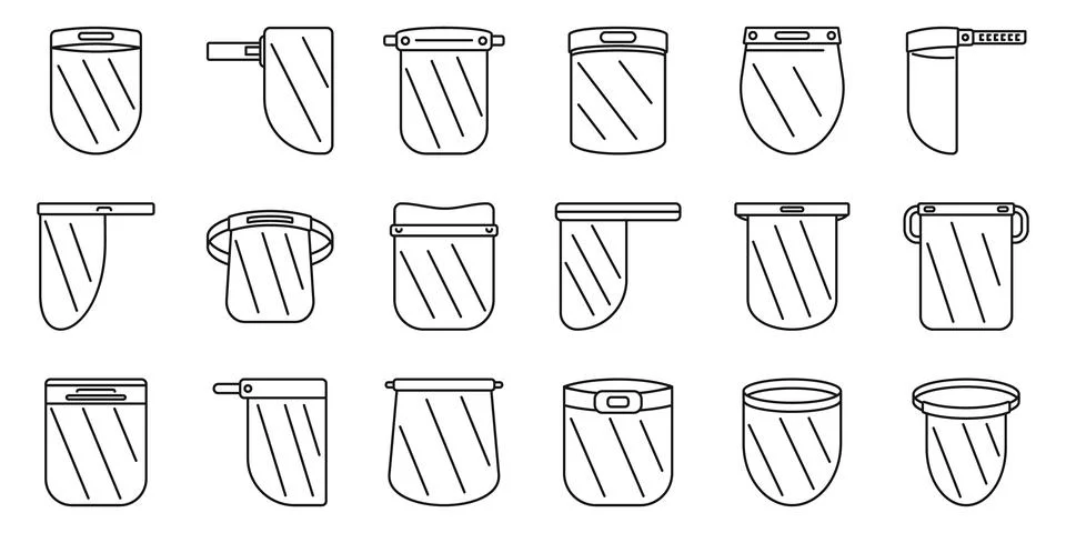 Plastic face shield icons set. Medical face shield icons showing various pr.. Stock Illustration
