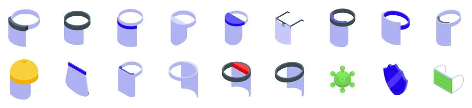Plastic face shield icons set. Medical face shield protecting from virus and  Stock Illustration