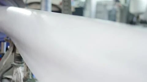 Plastic Film Emerging From Extrusion Machine, Modern Factory Interior, Close Up Stock Footage 341300266