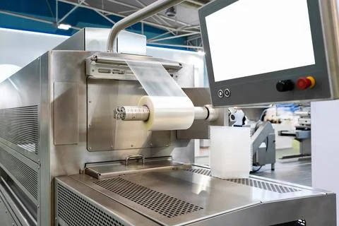Plastic film, packaging industrial machine in factory. Roll of polyethylene f Foto stock