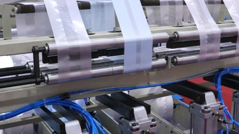 Plastic film rolling on industrial machine rollers close up., Automated pla.. Stock Footage 337494720