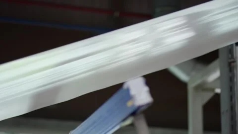 Plastic Film Web Moving Fast Through Coating Machine, Motion Blur, Wide Shot Vídeo Stock 341300516