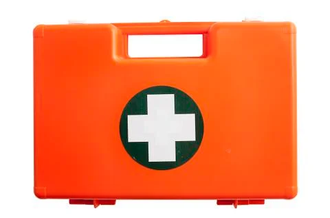 Plastic first-aid kit orange suite isolated on white Stock Photos