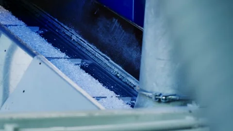 Plastic Flakes Sliding on Metal Chute, Recycling Machine Feed, Close Up Shot Video stock 341301456