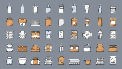 Plastic food containers and package color icons Stock Illustration