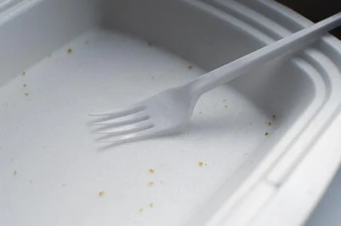 Plastic fork in empty white foam box for food Stock-Fotos