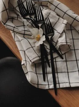 Plastic forks on a tea towel on the table Stock Photos