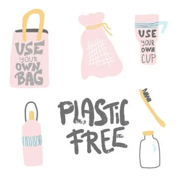 Plastic free design elements set in flat style. Quote with eco lifestyle stuf Stockillustratie