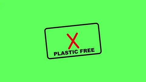 Plastic free rubber stamp vector. No plastic packaging label with red cross mark Stock Footage 327963760