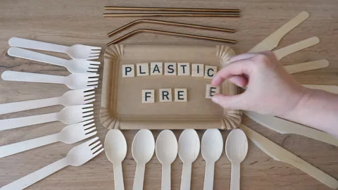 PLASTIC FREE words on the paper tray. Wooden cutlery. Video stock 342501267