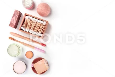 Plastic-free, zero waste cosmetics, flat lay on a white background with a place Stock Photos