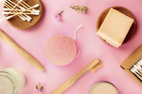 Plastic-free, zero waste cosmetics, flat lay on a pink background. Bamboo 写真素材