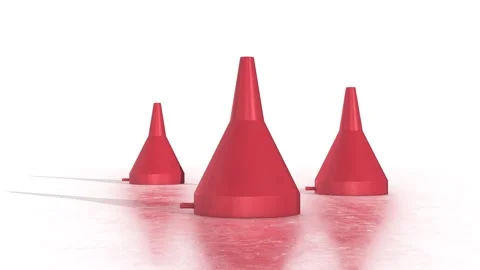 Plastic Funnels on a White Reflective Floor. Red Plastic Funnel 3D Animation. 4K Stock Footage 292822567
