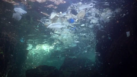 Plastic garbage and other debris floating underwater. Marine pollution Stock Footage 82401253