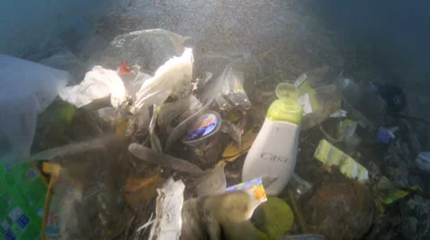 Plastic garbage and other trash underwater in tide mark Stock Footage