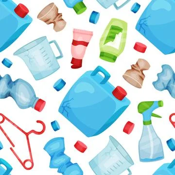 Plastic Garbage and Trash Seamless Pattern Design with Bottle and Objects Vector 스톡 일러스트