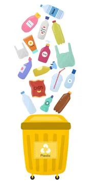 Plastic garbage and a yellow trash can with bottles and packages Stock Illustration