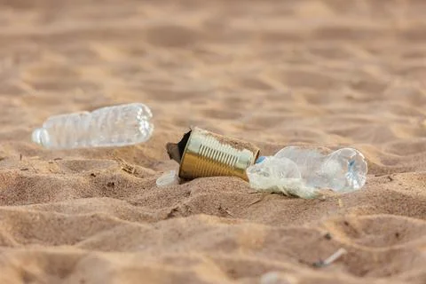 Plastic garbage on the beach, environmental pollution. climate change and global Stock Photos