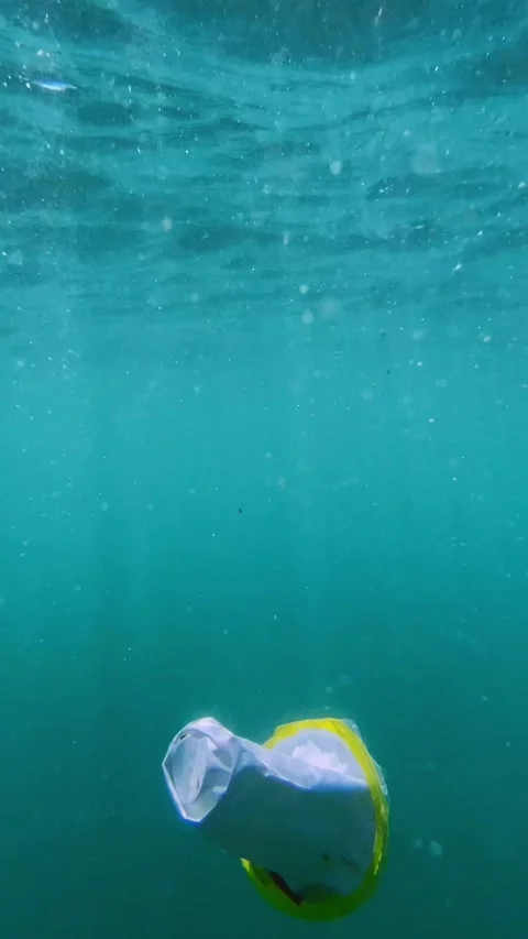 Plastic garbage in beautiful sea.Vertical video Stock Footage 311934115