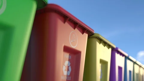 Plastic garbage bins with waste type label and recycle logo are the best for Video stock 123267569