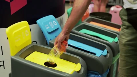 Plastic garbage bins with waste type lab... | Stock Video | Pond5