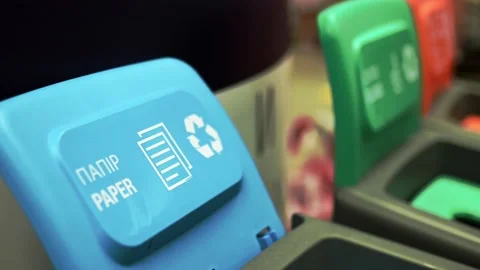 Plastic garbage bins with waste type label and recycle logo are the best for Stock Footage 172407112