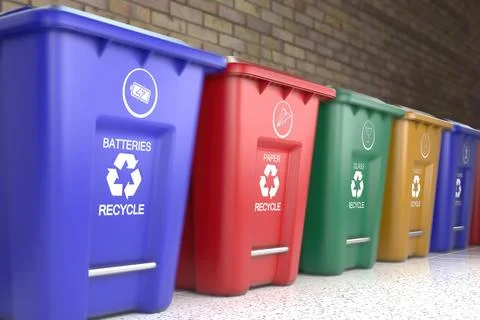 Plastic garbage bins with waste type label and recycle logo are the best Stock Illustration