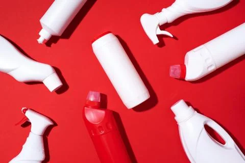 Plastic garbage collection on red background. Top view. Copy space. Flat lay Stock Photos