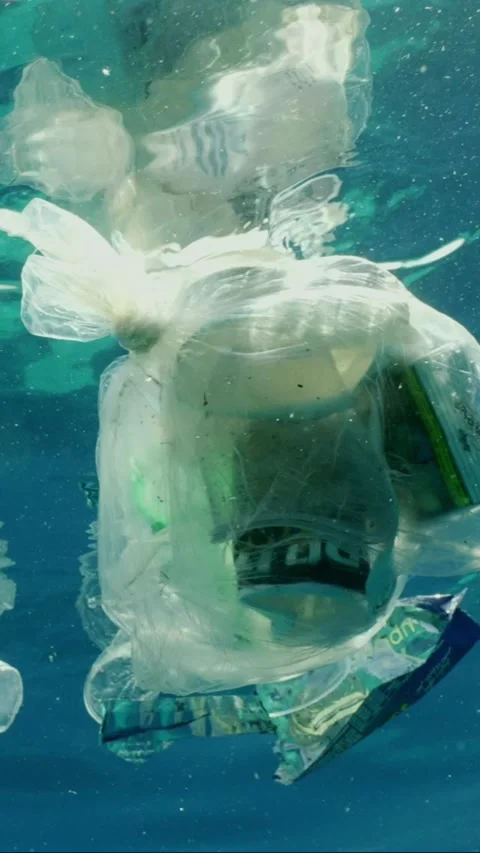 Plastic garbage drifts under surface of sea, slow motion Stock Footage 236194716