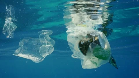Plastic garbage drifts under surface of sea, slow motion Stock Footage 239521742