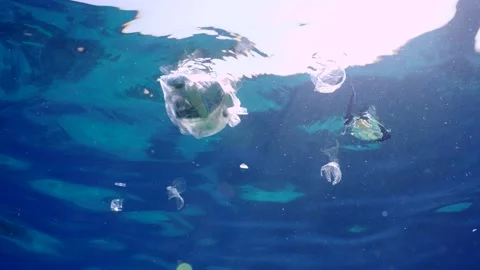 Plastic garbage drifts under surface of sea in sunrays, slow motion Stock Footage 247400181