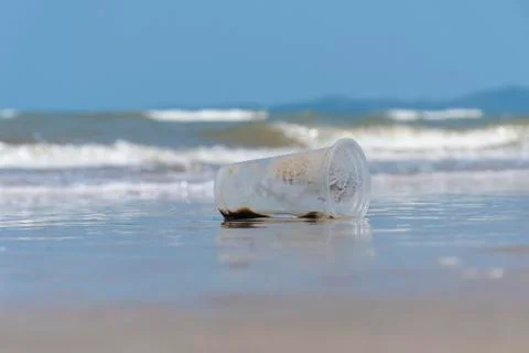 Plastic garbage dropped on the beach as poor environment and pollution problem. Stock Photos