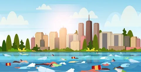Plastic garbage floating in dirty river pollution global world environment Stock Illustration