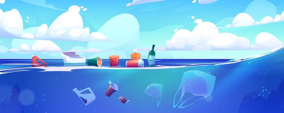 Plastic garbage floating on ocean water surface Stock Illustration