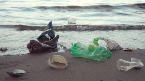 Plastic garbage lying on seashore Stock Footage 136705884