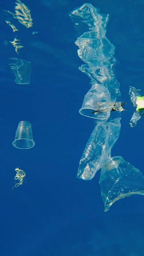 Plastic garbage mirroring in surface slowly drifting in crystal clear turquoise Stock Footage 345680538