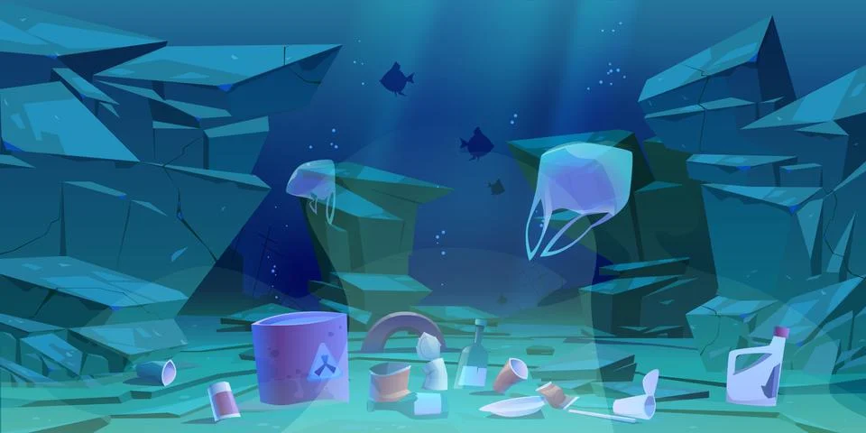 Plastic garbage on ocean bottom trash on sea floor Illustrazione stock