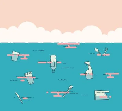 Plastic garbage in the ocean. Pollution problem concept. Stock Illustration