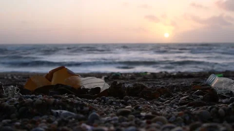 Plastic garbage at the ocean shore at Porto, Portugal Stock Footage 220930280
