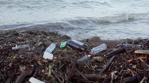 Plastic garbage polluting the ocean coast. Video stock 252992330