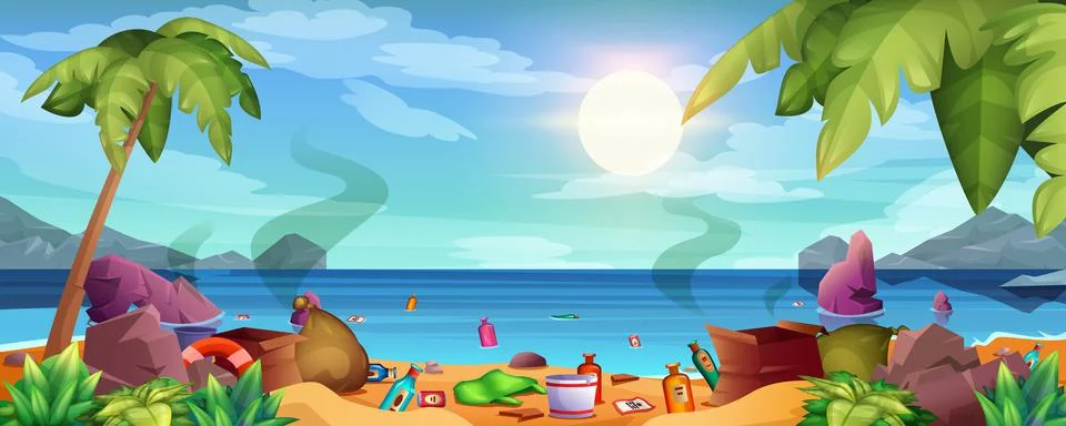Plastic garbage on sea beach, floating rubbish in ocean Illustrazione stock