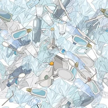 Plastic garbage seamless pattern black outline isolated on white background.  Stock Illustration