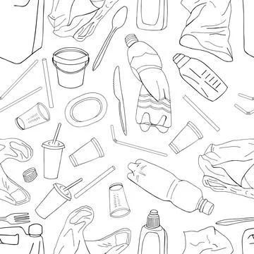 Plastic garbage seamless pattern black outline isolated on white background Stock Illustration