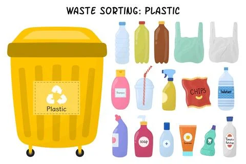 Plastic garbage sorting set. Yellow trash can for plastic waste with bottles and Stock Illustration