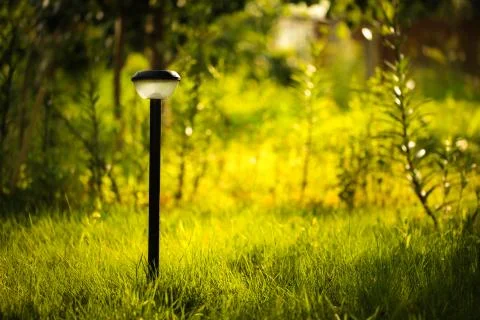 Plastic garden flashlight standing on the ground in the garden green grass. Stock Photos